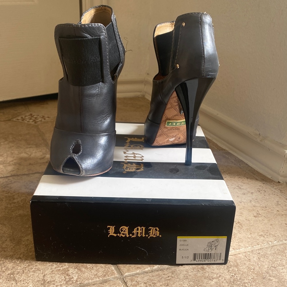 L.A.M.B. Dark Gray Peep Toe Heels